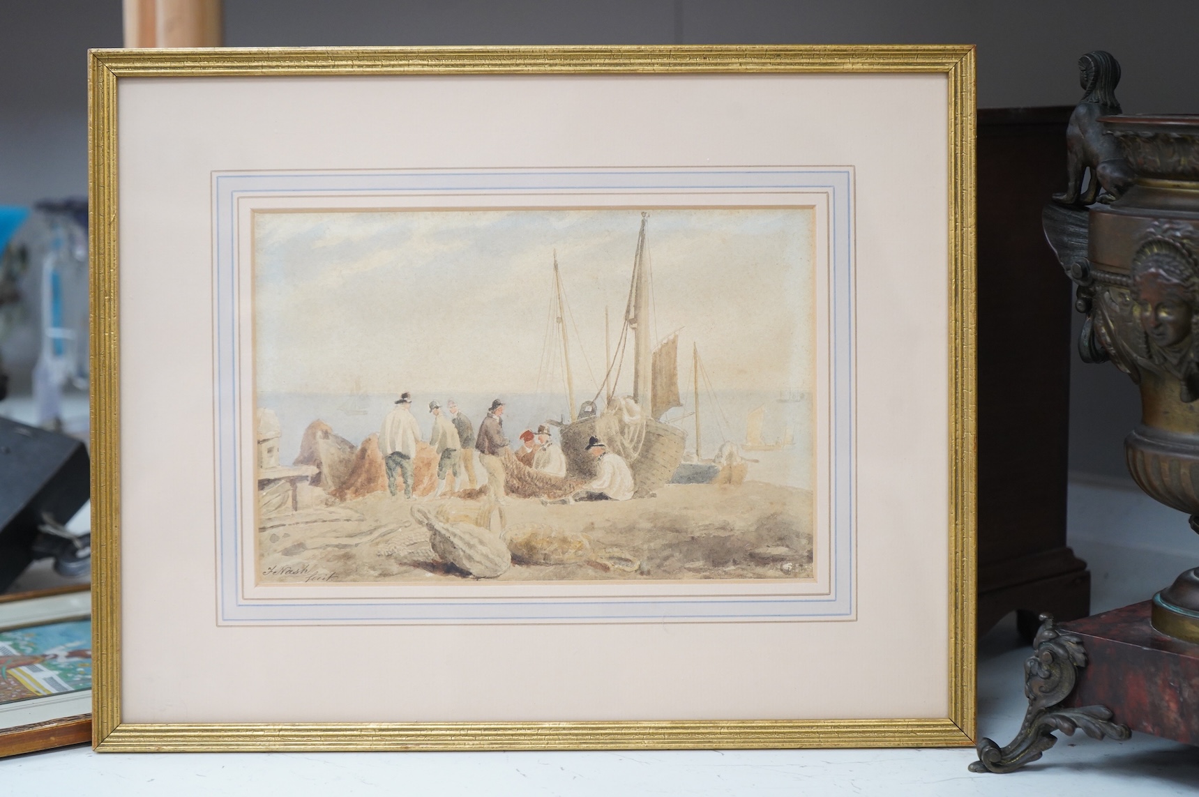 Frederick Nash (1782-1856), Fishermen and boats on Brighton beach and one other, one signed, each inscribed in ink verso, pair of watercolours, 16 x 24cm